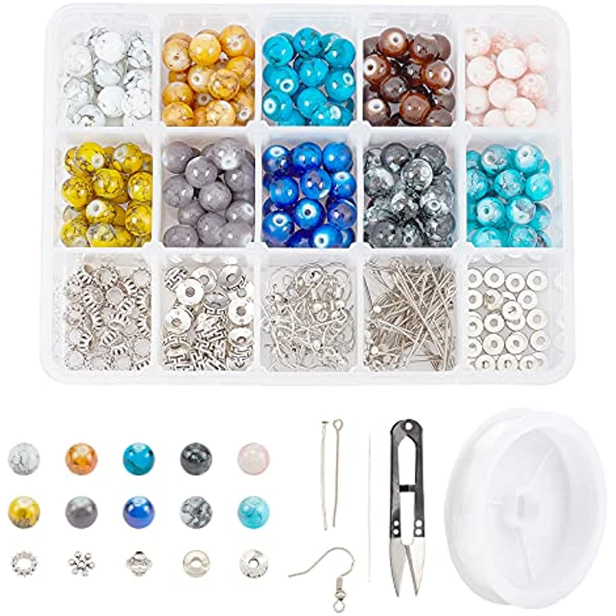 NOBRAND 1 Box 200pcs 10 Colors 8mm Glass Beads Jewellery Making Kit 150pcs Alloy Loose Spacer Bead with Beading Needle Earring Hooks Elastic Thread & Steel